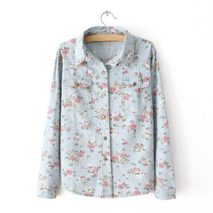 Long Sleeves Tiny Flowers Pattern Pockets Single-breasted Casual Women's Shirt LIGHT BLUE