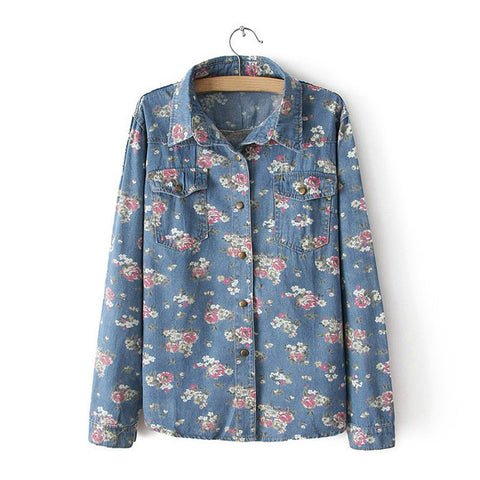 Long Sleeves Tiny Flowers Pattern Pockets Single-breasted Casual Women's Shirt DEEP BLUE