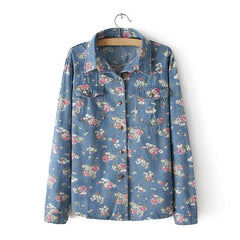 Long Sleeves Tiny Flowers Pattern Pockets Single-breasted Casual Women's Shirt DEEP BLUE