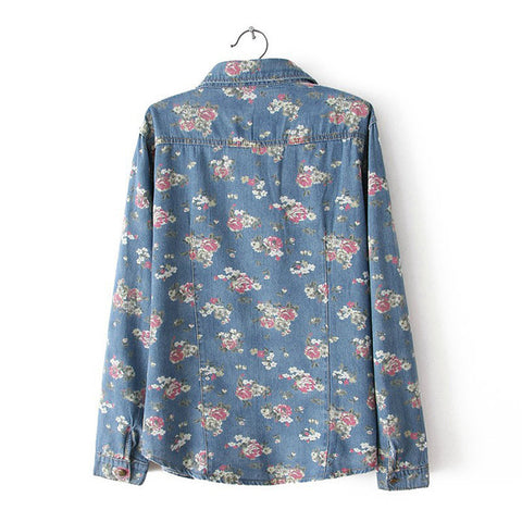 Long Sleeves Tiny Flowers Pattern Pockets Single-breasted Casual Women's Shirt DEEP BLUE