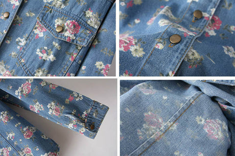 Long Sleeves Tiny Flowers Pattern Pockets Single-breasted Casual Women's Shirt DEEP BLUE
