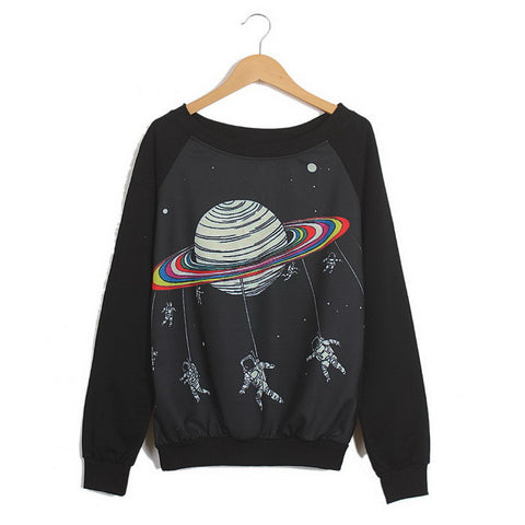 Raglan Sleeves Scoop Neck Spaceman Pattern Preppy Style Loose-Fitting Casual Women's Sweater