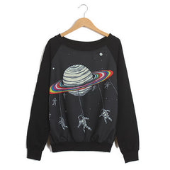 Raglan Sleeves Scoop Neck Spaceman Pattern Preppy Style Loose-Fitting Casual Women's Sweater