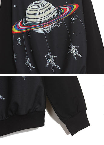 Raglan Sleeves Scoop Neck Spaceman Pattern Preppy Style Loose-Fitting Casual Women's Sweater