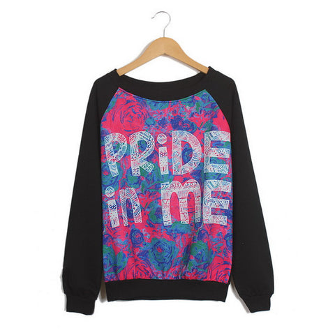 Raglan Sleeves Scoop Neck Roses And Letters Pattern Preppy Style Loose-Fitting Casual Women's Sweater