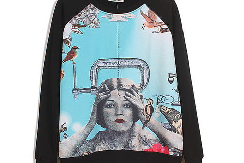 Long Sleeves Round Neck Woman And Bird Pattern Retro Style Loose-Fitting Casual Women's Sweater