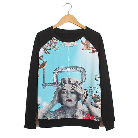 Long Sleeves Round Neck Woman And Bird Pattern Retro Style Loose-Fitting Casual Women's Sweater