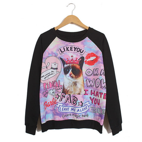 Long Sleeves Round Neck Crown Kitty And Cartoon Letters Pattern Loose-Fitting Casual Women's Sweater