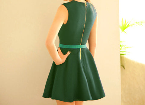 Zipper Sleeveless Simple Style Polyester Round Neck Women's Dress GREEN