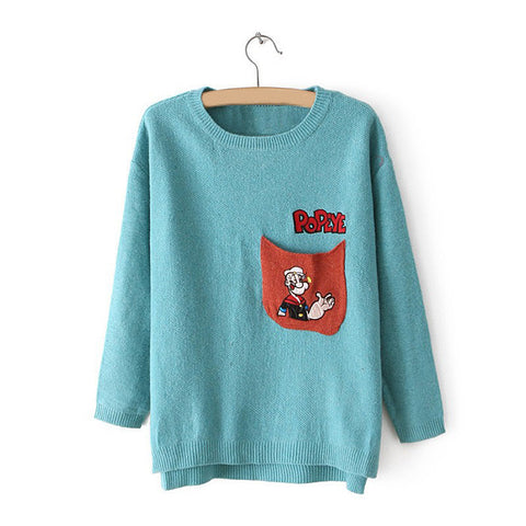 Popeye Letter Embroidery Long Sleeves Round Neck Acrylic Casual Style Women's Sweater BLUE