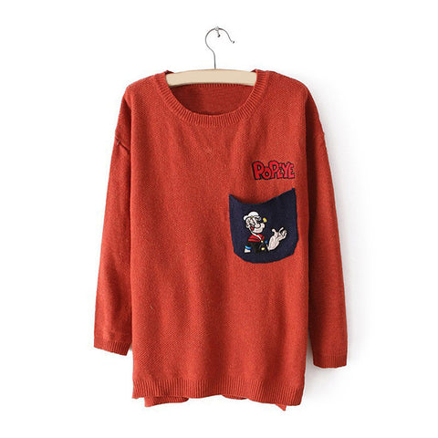 Popeye Letter Embroidery Long Sleeves Round Neck Acrylic Casual Style Women's Sweater RED