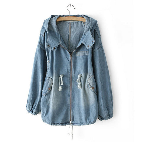 Long Sleeves Hooded Zipper Pockets Drawstring Beam Waist Bleach Wash Stylish Women's Windbreaker