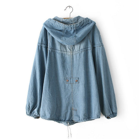 Long Sleeves Hooded Zipper Pockets Drawstring Beam Waist Bleach Wash Stylish Women's Windbreaker