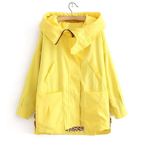 Casual Style Hooded Collar Solid Color Big Pocket Long Sleeve Zipper Cotton Blend Women's Coat YELLOW