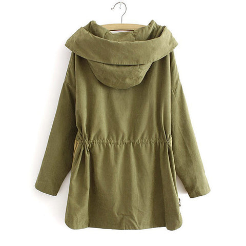 Casual Style Hooded Collar Solid Color Big Pocket Long Sleeve Zipper Cotton Blend Women's Coat ARMY GREEN