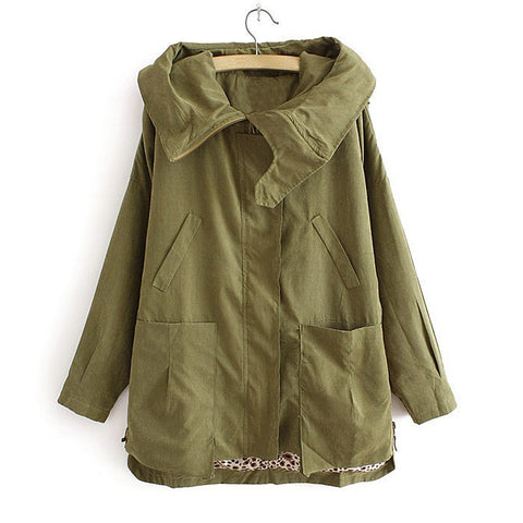 Casual Style Hooded Collar Solid Color Big Pocket Long Sleeve Zipper Cotton Blend Women's Coat ARMY GREEN