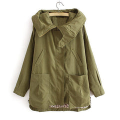 Casual Style Hooded Collar Solid Color Big Pocket Long Sleeve Zipper Cotton Blend Women's Coat ARMY GREEN