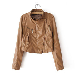 Solid Color Long Sleeves Stand Collar Fashionable Style Women's Faux Leather Jacket COFFEE
