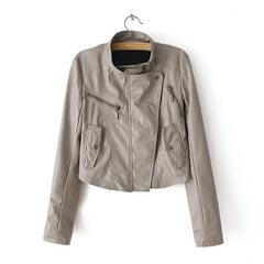 Solid Color Long Sleeves Stand Collar Fashionable Style Women's Faux Leather Jacket GRAY