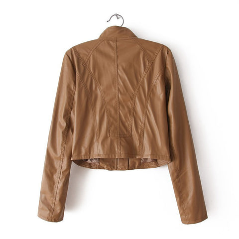 Solid Color Long Sleeves Stand Collar Fashionable Style Women's Faux Leather Jacket COFFEE