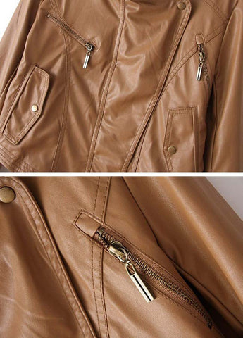 Solid Color Long Sleeves Stand Collar Fashionable Style Women's Faux Leather Jacket COFFEE