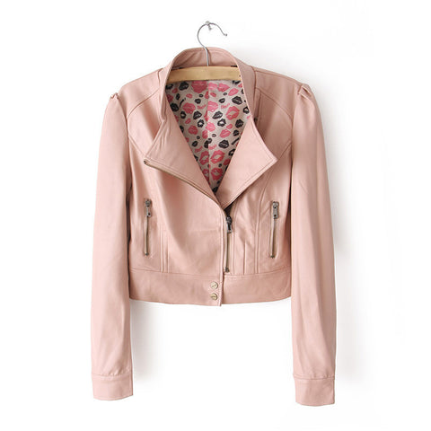 Long Sleeves Solid Color Sweet Style Women's Faux Leather Jacket PINK