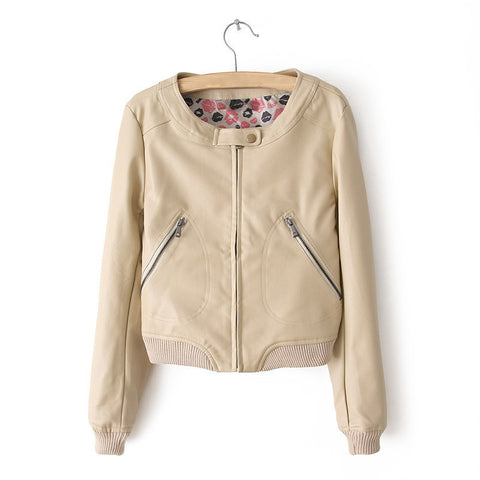 Zipper Solid Color Long Sleeves Simple Style Women's Faux Leather Jacket APRICOT
