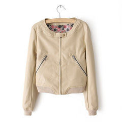 Zipper Solid Color Long Sleeves Simple Style Women's Faux Leather Jacket APRICOT