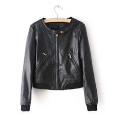 Zipper Solid Color Long Sleeves Simple Style Women's Faux Leather Jacket BLACK