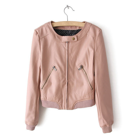 Zipper Solid Color Long Sleeves Simple Style Women's Faux Leather Jacket PINK