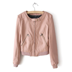 Zipper Solid Color Long Sleeves Simple Style Women's Faux Leather Jacket PINK