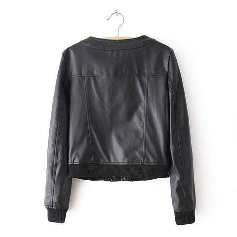 Zipper Solid Color Long Sleeves Simple Style Women's Faux Leather Jacket BLACK