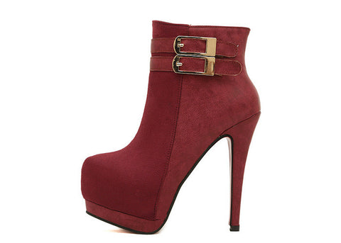 Mature Buckle and Splice Design Women's Short Boots WINE RED