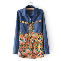 Floral Pattern Turn-Down Collar Long Sleeve Jeans Shirt