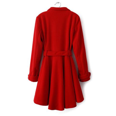Vintage Metal Buttons Flouncing Long Sleeves Women's Coat With A Belt RED