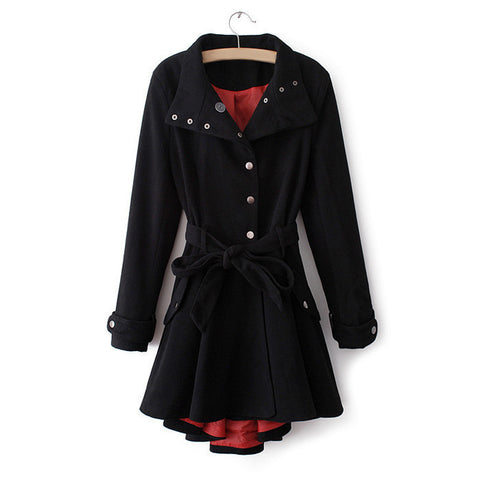 Vintage Metal Buttons Flouncing Long Sleeves Women's Coat With A Belt BLACK