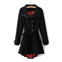 Vintage Metal Buttons Flouncing Long Sleeves Women's Coat With A Belt BLACK
