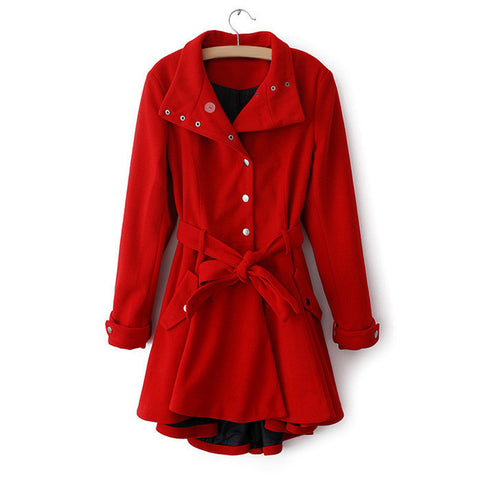 Vintage Metal Buttons Flouncing Long Sleeves Women's Coat With A Belt RED