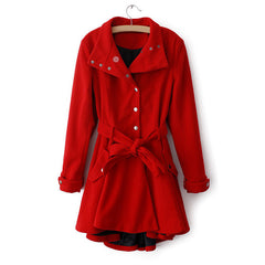 Vintage Metal Buttons Flouncing Long Sleeves Women's Coat With A Belt RED