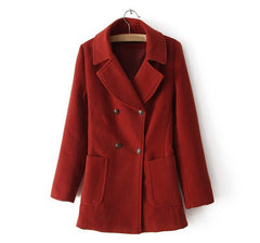 Vintage Notched Collar Double-Breasted Pockets Design Long Sleeves Women's Coat RED