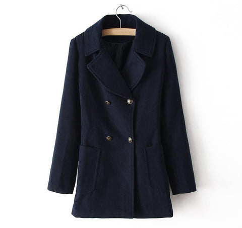 Vintage Notched Collar Double-Breasted Pockets Design Long Sleeves Women's Coat NAVY