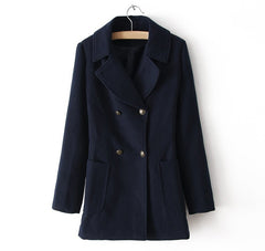 Vintage Notched Collar Double-Breasted Pockets Design Long Sleeves Women's Coat NAVY