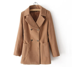 Vintage Notched Collar Double-Breasted Pockets Design Long Sleeves Women's Coat KHAKI