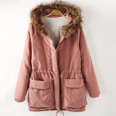Fashionable Style Long Sleeves Hooded Pockets Drawstring Cotton Women's Coat PINK