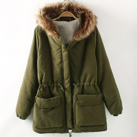 Fashionable Style Long Sleeves Hooded Pockets Drawstring Cotton Women's Coat ARMY GREEN