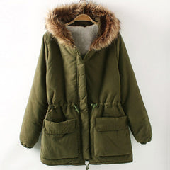 Fashionable Style Long Sleeves Hooded Pockets Drawstring Cotton Women's Coat ARMY GREEN