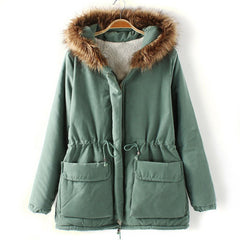 Fashionable Style Long Sleeves Hooded Pockets Drawstring Cotton Women's Coat LIGHT GREEN