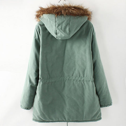 Fashionable Style Long Sleeves Hooded Pockets Drawstring Cotton Women's Coat LIGHT GREEN