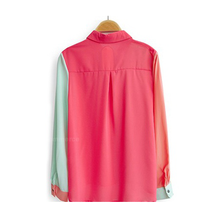 Casual Style Polo Collar Contrast Color Splicing Long Sleeve Shirt For Women