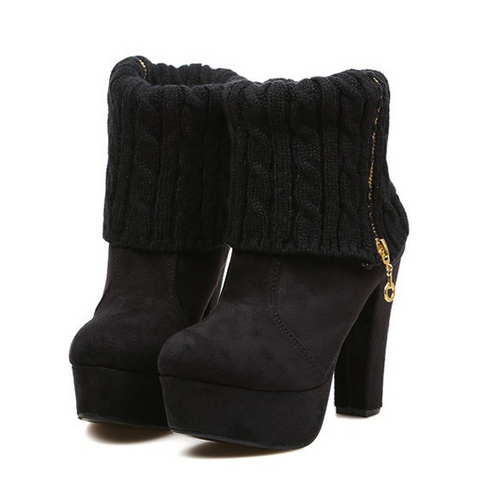 Pretty Weaving and Zipper Design Women's Short Boots BLACK